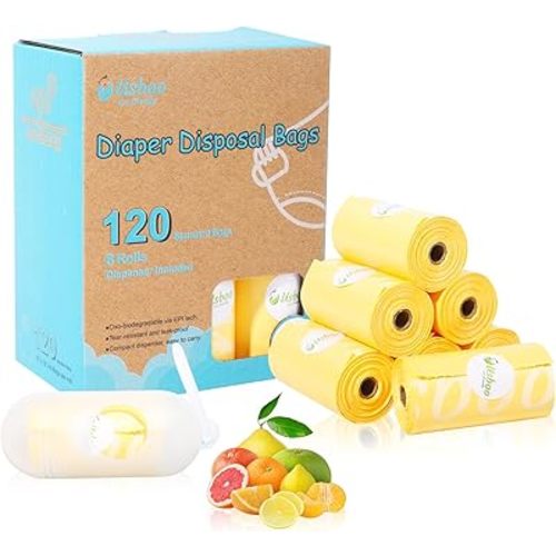 Diaper Disposal Bags - 8 Refill Rolls/120 Pack Baby Poop Bag with Dispenser | Tropical Fruit Scented | Leak Proof & Trash Bags for Diapers