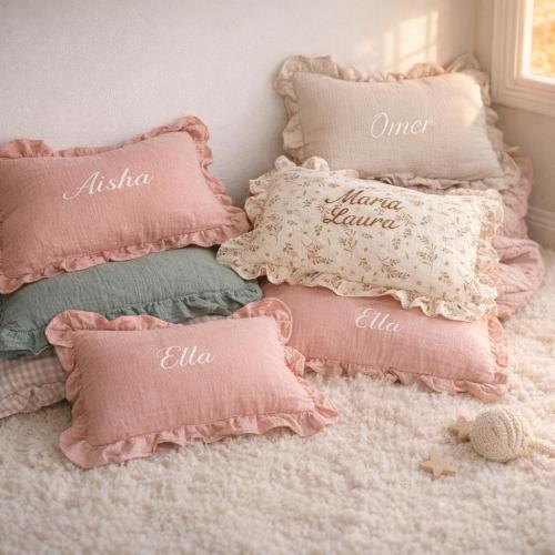 Embroidered Baby Name Pillow | Ruffled Linen Nursery Decor, Heirloom Toddler Sham