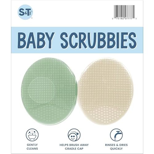 S&T INC. Baby Bath Brush, Silicone Cradle Cap Brush, Baby Bath Essentials, 2 Pack, 2 Inches x 2.5 Inches, Sage Green & Cream