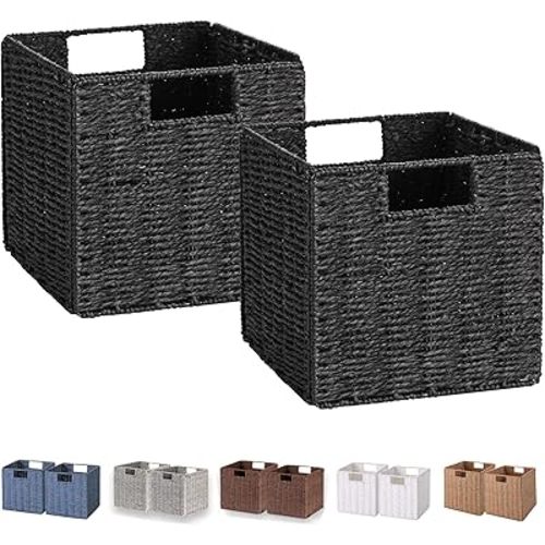 Vagusicc Wicker Basket, Set of 2 Woven Storage Baskets for Shelves, Foldable Cube Storage Basket Bins with Handles, 9 inch Small Storage Baskets for Organizing Pantry Bedroom, Black