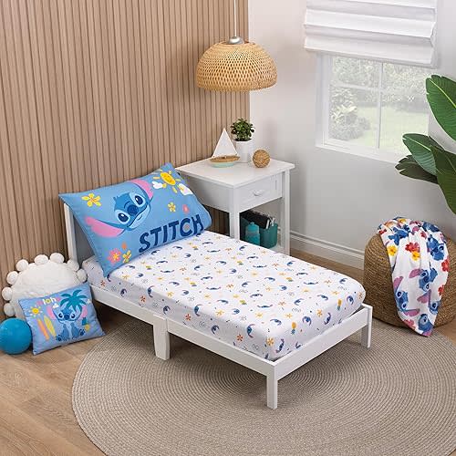 NoJo Disney "S" is for Stitch 2 Piece Toddler Sheet Set - Fitted Bottom Sheet and Pillowcase, Blue, Pink, Yellow, White