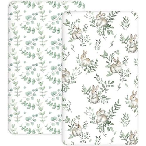 Crib Sheets for Boys and Girls, 2 Pack Fitted Baby Sheets for Standard Toddler Mattress 28" x 52", Soft Breathable Jersey Knit Baby Bedding (Bunny Meadow)