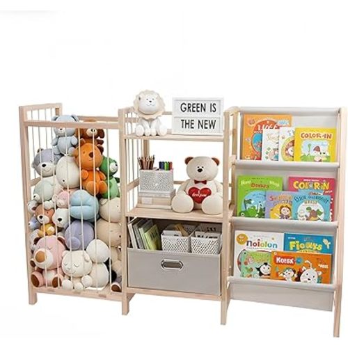 Stuffed Animal Storage with Bookshelf, 32" Plush Toy Organizer with Book Shelf, Wooden Stuffed Animal Holder with Removable Bin, Zoo Plushies Storage for Bedroom/Playroom/Living Room