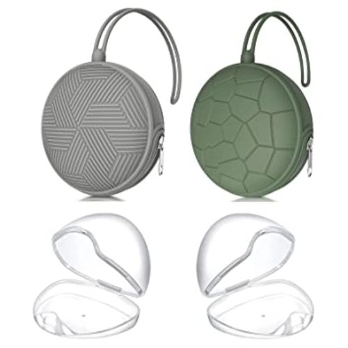Smlpuame 4 Pack Pacifier Holder Case Set,2 Silicone Portable Pacifier Cover Pouch Bag for Diaper Bags Baby Carriage with 2 Transparent Pacifier Storage Container Box,Easy to Clean,(Green & Grey)