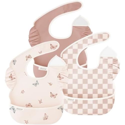Konssy 3-Pack Waterproof Baby Bibs for Eating, Wipeable Toddler Ruffle Feeding Bibs with Catch-All Pocket for Girls Boys
