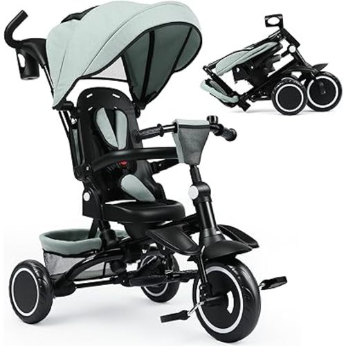 Folding Kids Tricycle, 8 in 1 Toddler Trike W/Removable & 1 Step Brake, Adjustable Canopy, Parent Handle, 5-Piont Harness, Toddler Bike Tricycle for Kids 1-6 Years, Storage Basket, Green
