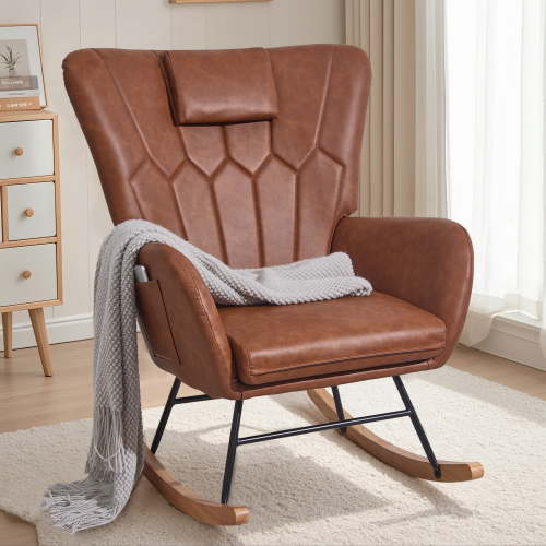 VECELO Rocking Chair Faux Leather Upholstered Nursery Chair, High Backrest Glider Accent Chair with Headrest, Brown
