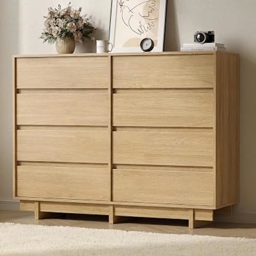 8 Drawer Oak Dresser for Bedroom, 53.1" Wide Mid Century Modern Dresser with Sleek Handleless Design,Wooden Large Chest of Drawers with Elevated Base