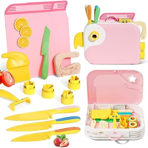 Lullulii Montessori Kitchen Tools for Toddlers,Kids Knife for Real Cooking,Toddlers Knife Set with Storage Box Kids Safe Knives Children Cutting Set and Peeler,Montessori Toys for Kitchen Set -Pink
