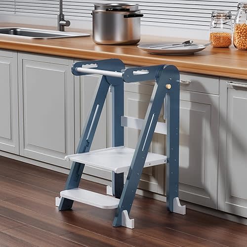 Kids Kitchen Step Stool, Foldable Toddler Tower, Height Adjustable Toddler Standing Tower with Safty Rail and Anti-Slip Device, Wooden Stool for 1.5-6 Years(Sky Blue-White)