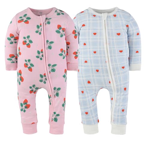 The Peanutshell 2-Pack Sleep and Play Baby Girl Clothes, Soft Cotton Footless Pajamas, Strawberry Sweet Treats