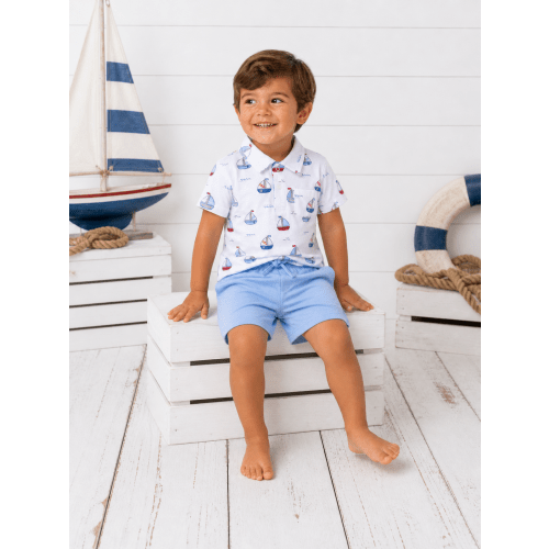 Polo Shirt & Casual Short Set, Bubbly Sailboats Blue