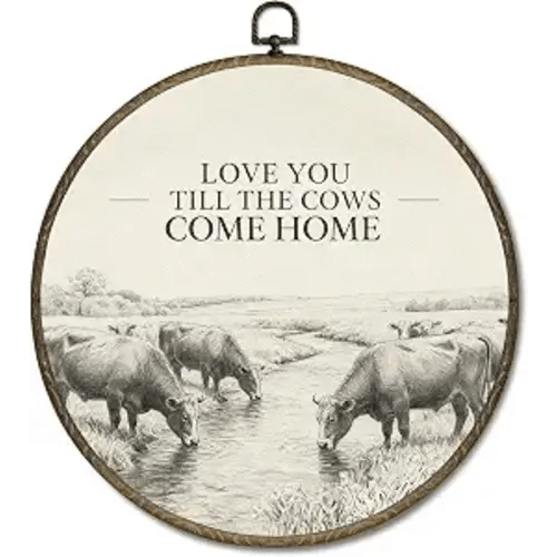 OINDADE Western Cow Round Wall Art Decor, Vintage Rustic Western Cowboy Wall Art Hanging Decor, Love You Till The Cows Come Home Farmhouse Framed Canvas Artwork for Living Room Bedroom, 10x10in