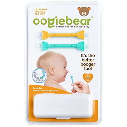 oogiebear - Nose and Ear Gadget. Safe, Easy Nasal Booger and Ear Cleaner for Newborns and Infants. Dual Earwax and Snot Remover - 2 Pack with Case - Orange and Seafoam