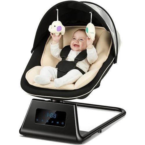 Pamo Babe Portable Baby Swing - Electric Baby Rocker with Cry Detection, 5 Swing Speeds, Bluetooth & Remote Control, Adjustable Backrest, Indoor & Outdoor Swing Chair for Newborn Babies - Black