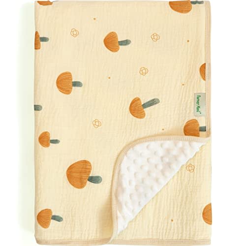 Baby Blanket for Unisex Boys Girls Toddler, Soft Minky with Double Layer Dotted Backing and Muslin Cotton Front, 39 X 43 in (Mushroom) Nursery Bed Throw Quilt
