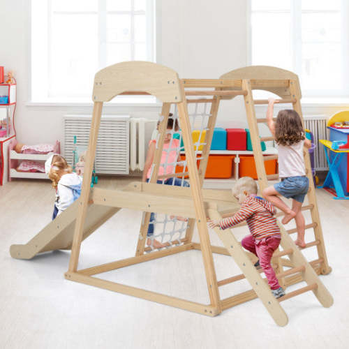 6-in-1 Indoor Jungle Gym Kids Wooden Playground With Monkey Bars-Natural