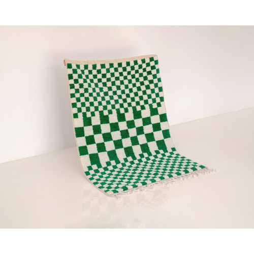 Moroccan Wool Rug: Green Checkered Design - Handmade Boho Style