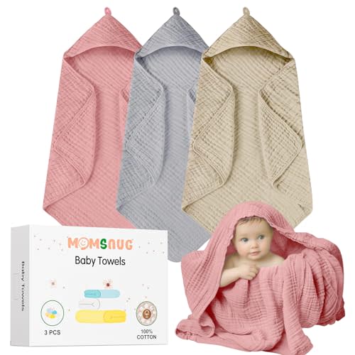 Muslin Bath Towel Baby 3 Pack, Hooded Baby Towels for Girl Boy, Muslin Cotton Baby Bath Towel with Hood for Babies, Infant, Toddler and Kids Newborn Essential (35 X 35 Inch) (Rose + Grey + Apricot)