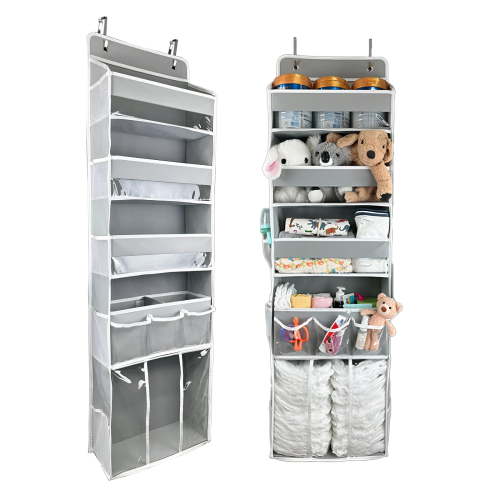 XIBUFE Baby Hanging Organizer 5-Shelf Over-The-Door Organizer with Diaper Caddy, Grey, 1 Count over the Door Organizer Nursery
