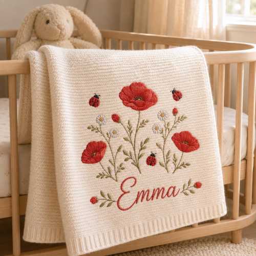 Personalized Red Poppy Embroidered Knit Baby Blanket, Custom Ladybug Name Wildflower Blanket, Floral Nursery Decor, Baby Shower Gift