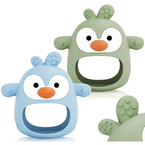 HONGTEYA Teething Toys for Babies 0-6 Months 6-12 Months 2 Packs Silicone Hand Wrist Anti-Drop Baby Teether Teething Relief for Infants Newborn BPA Free Natural Organic Freezer Baby Teethers Set - Penguin-b