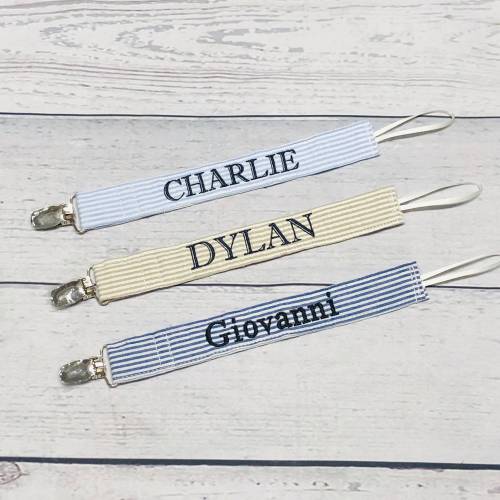 Custom Seersucker Pacifier holder-soothie paci-binky clip holder-embroidered baby gift-baby gift boy girl-monogrammed personalized name-clip