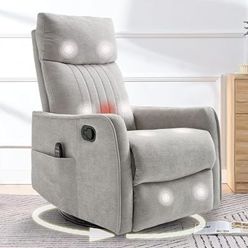 cinkehome Heated Massage Swivel Rocker Recliner Chair Nursery - Small Space Reclining Chair with Lumbar Support, 360° Swivel & Gentle Rocking, Ergonomic High Back Chenille Fabric Beige