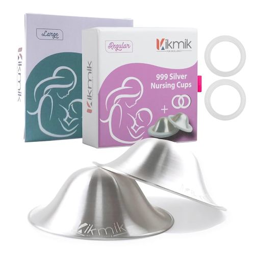 Kikmik Coussinets d'allaitement originaux en argent avec anneaux O-Feel – Bouclier de téton en argent 999 – Essentiels pour nouveau-né pour aider à prévenir les irritations et aider à la récupération