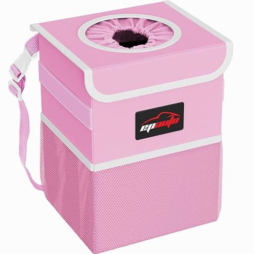EPAuto Waterproof Car Trash Can with Lid and Storage Pockets, 2.5 Gallon Leakproof, Pink
