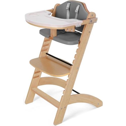 Cowiewie New Upgrade 3-in-1 Convertible Wooden High Chair for Babies & Toddlers 10 Levels Adjustable 3-Tier Remove & 2 Adjustable Wood Tray, 2 Waterproof Cozy Cushions Grey