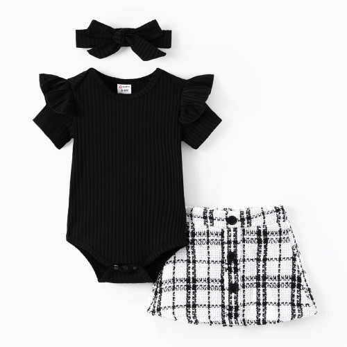PatPat 3pcs Newborn Baby Girl Clothes Ribbed Romper Belted Shorts Headband Black Outfits Set, 0-3 Months