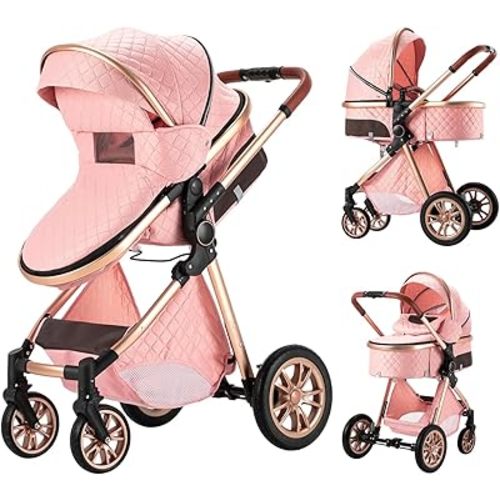 Baby Stroller 2 in 1 Baby Prams Pushchair Function, Foldable, Portable, Safe & Comfortable, for Infant Toddler Aged 0-36 Months (Pink)