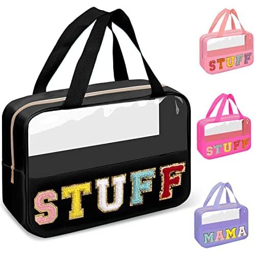 Chenille Letter Clear Makeup Bags Stuff Tote, Preppy Patch Makeup Bag Zipper with Handle, Waterproof PVC & Nylon Portable Glitter Large Cosmetic Travel Toiletry Storage for Women Girls(STUFF-Black)