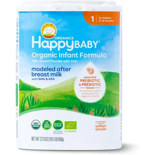 Happy Baby Organics Stage 1 Infant Formula, 0-12 Months, Milk Based Organic Baby Formula Powder with Iron, Probiotics & Prebiotics for Immune & Digestive Support, 22.9 Ounce (Pack of 1)