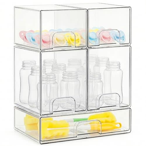 Bottle Storage Organizer Baby, Clear Stackable Storage Drawers Set for Baby Bottle, Beauty Supplies Storage, Ideal for Countertop, Vanity, Bathroom, Cabinet, Pantry Organization, 15.4" H, 5 Pack