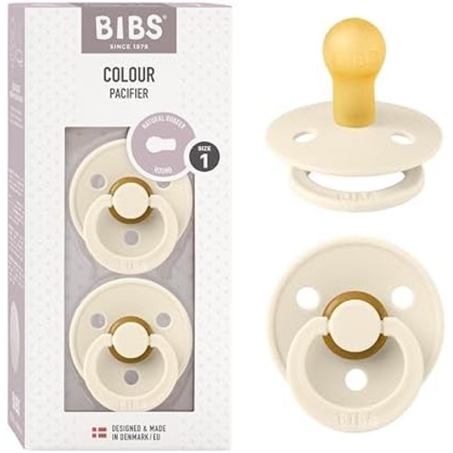 BIBS Pacifiers Colour Collection | Natural Rubber Baby Pacifier | Round Nipple | Set of 2 BPA-Free Soothers | Made in Denmark | 0+ Months (Pack of 2) | Ivory