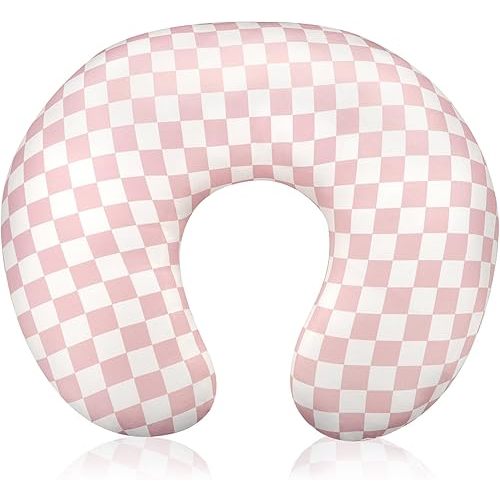 Nursing Pillow Cover, Removable Nursing Covers for Breastfeeding Pillows, Stretchy and Soft Fit for Baby Girls Boys Newborn, Pink Checkerboard (Only Cover)