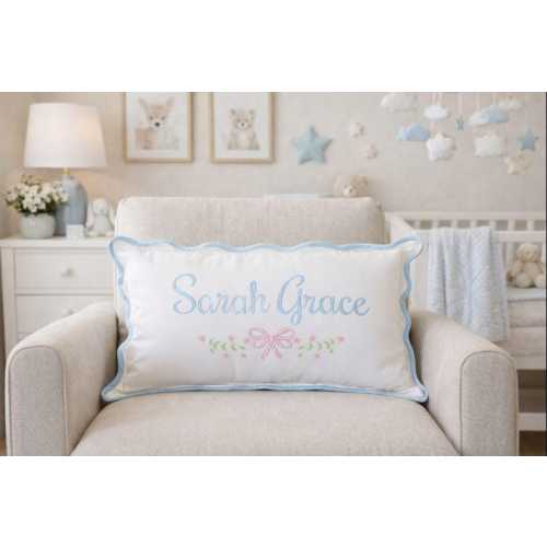 White with blue trim, blue thread, Farrah Faye