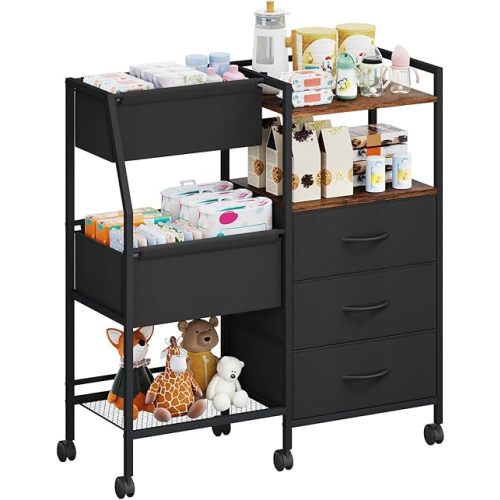 Somdot Baby Diaper Caddy Organizer Cart, 3 Tier Rolling Baby with Dividers and Drawers, Easy To Assemble, Large Capacity, Baby Essentials Organizer and Storage for Nursery, Bedroom, Black Rustic Brown