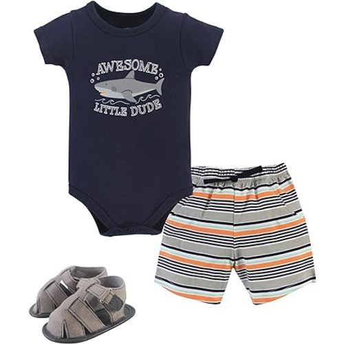 Hudson Baby Unisex Baby Cotton Bodysuit, Shorts and Shoe Set