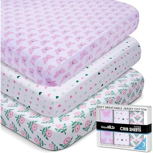 GROW WILD Crib Sheets 3 Pack - Soft & Stretchy Jersey Cotton Fitted Baby Crib Sheets for Girls, Cute Toddler Bed Sheets for Baby Girl (Hearts & Flowers)
