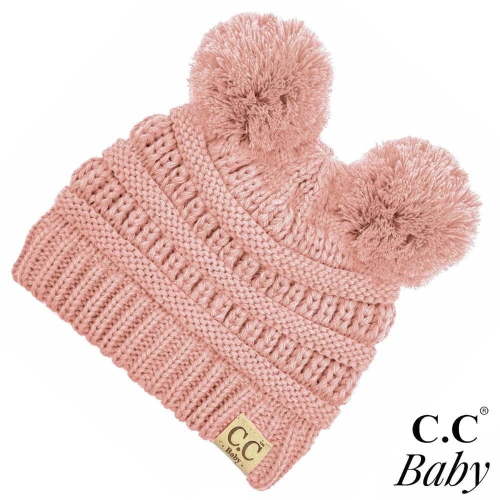 CC Baby Double Pom Cable Knit Yarn Pom Newborn to 9 Months Infant Beanie Indi Pink - Soft, Warm Hats for Babies and Toddlers - Cozy Winter Wear