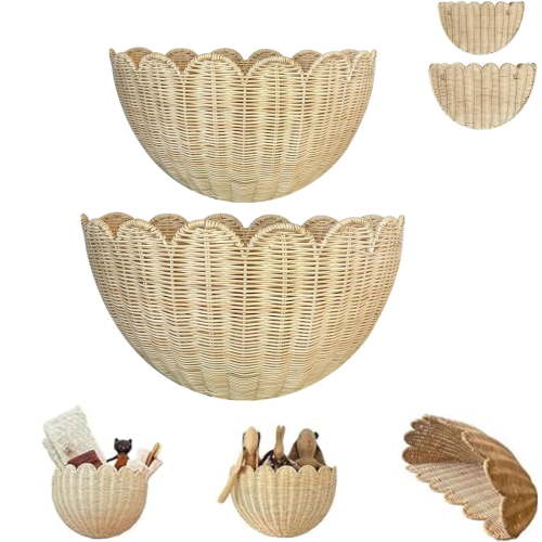 Scalloped Wicker Wall Basket, Hand Woven Hanging Basket, Natural Scalloped Hanging Wall Basket Storage & Home Decor, for Living Room Bathroom Kitchen, 2 Pcs (16 x 10 x 7 & 14 x 8 x 6 Inch)