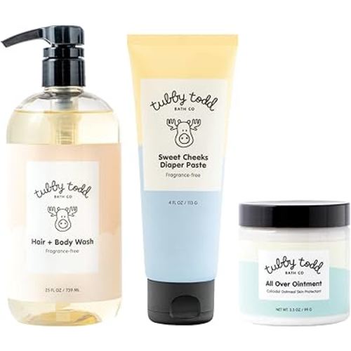 TUBBY TODD Baby Bundle Newborn Skin Care Set - Hypoallergenic Hair + Body Wash, All Over Ointment with Colloidal Oatmeal, Sweet Cheeks Diaper Paste - Fragrance-Free, Full Size
