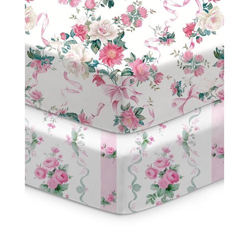 Baby Crib Sheets for Standard Crib Mattress - Pink Roses Pattern, Breathable and Soft, Safe and Snug, Fits 28''x52''x9'' Deep Pocket
