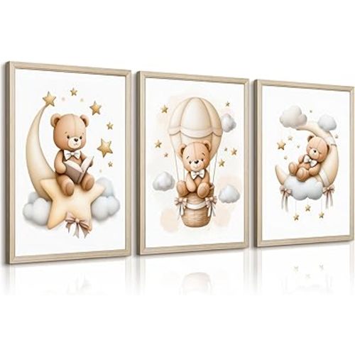 Teddy Bear Nursery Wall Art Decor Baby Boy Girl Room Pictures Bear Nursery Canvas Wall Art Decor Vintage Children's Room Posters Toddler Kids Neutral Artwork for Bedroom Playroom 12x16x3 Wood Framed