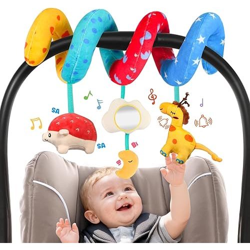 URMYWO Spiral Car Seat Toys for Babies 0-6 Months, Hanging Toy Fits Stroller, Developmental Sensory Baby Toy with Teether Crinkle Mirror, Baby Travel Gear Shower Gift for Boys Girls