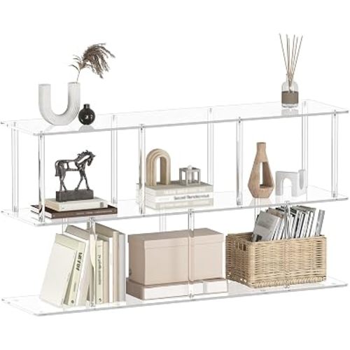 3-Tier Acrylic Horizontal Bookshelf, Clear Long Bookcase, Modern Low Book Shelf with 5 Cube Storage for Living Room, Office, Bedroom, 11.8''D x 47.2''W x 24.6''H
