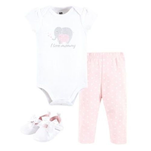 Hudson Baby Infant Girls Cotton Bodysuit, Pant and Shoe Set, Love Mommy Elephant, 9-12 Months